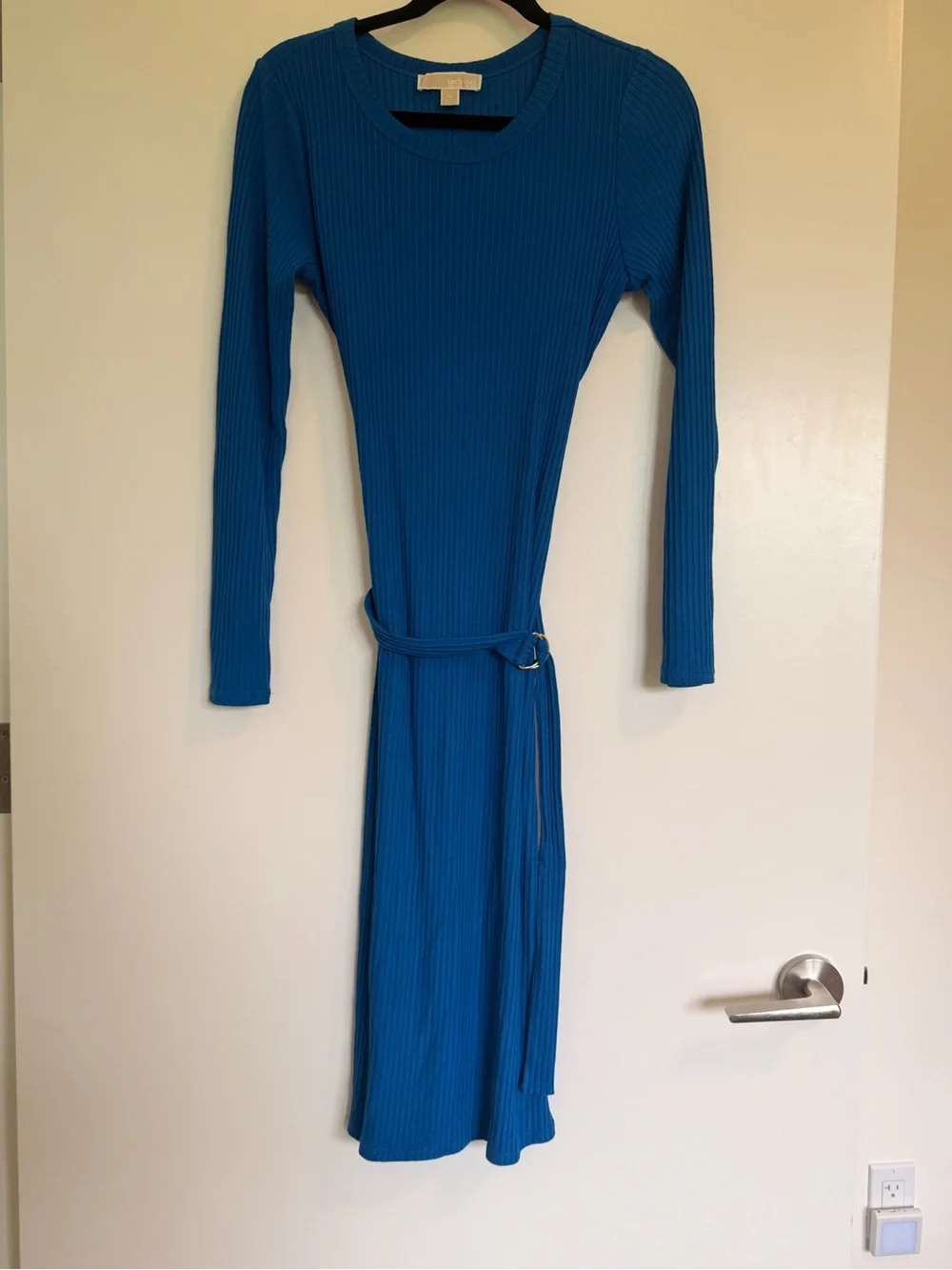 Michael Kors Blue Ribbed Belted Long Sleeve Midi Dress M